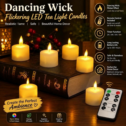 Dancing Wick LED Tea Light Candles – Flickering Flameless Candles with Remote Control