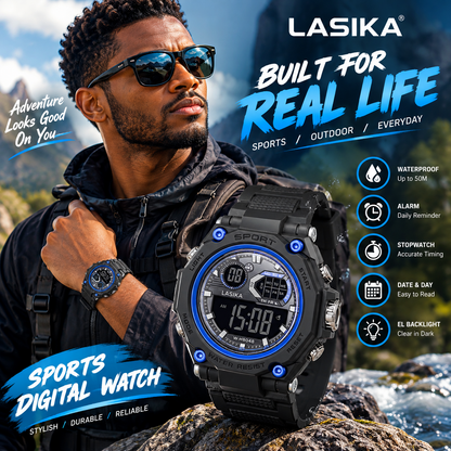 LASIKA Men’s Digital Sports Watch – Waterproof Casual Wristwatch with Resin Band & Alarm