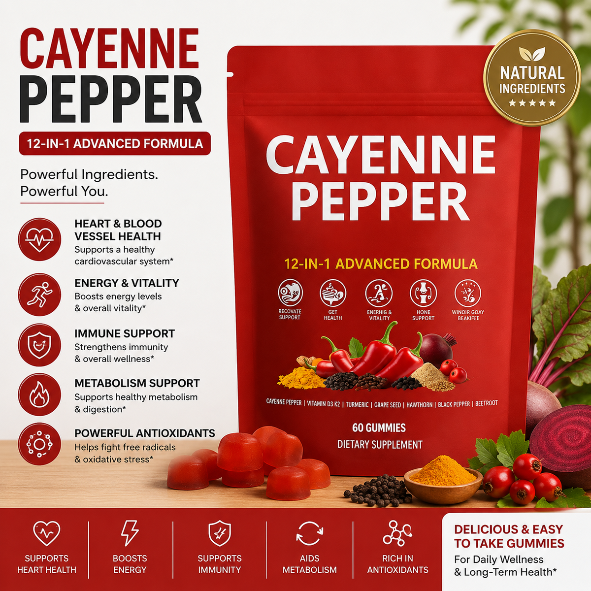 Pepper Gummies with Hawthorn, Beetroot & Turmeric – Gummies with Vitamins D3 & K2