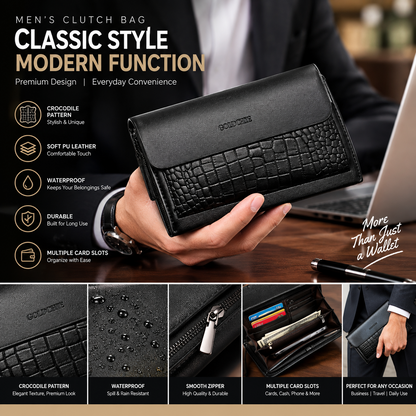Men’s Crocodile Pattern Clutch Bag – Soft PU Leather Wallet with Multiple Card Slots