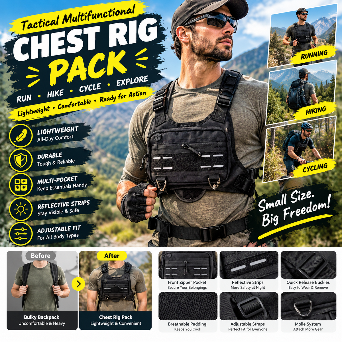Tactical Reflective Running Vest Pack – Lightweight Multifunctional Sports Chest Rig Bag