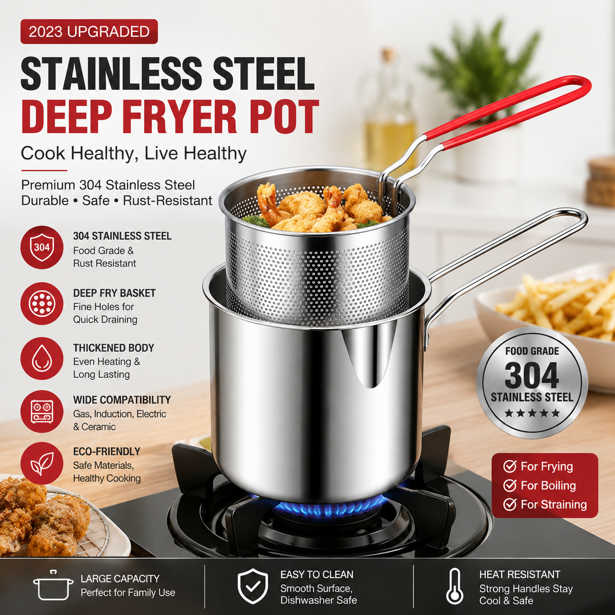 Stainless Steel Non-Stick Cookware Set – Deep Frying Pot with Durable Handles for Cooking