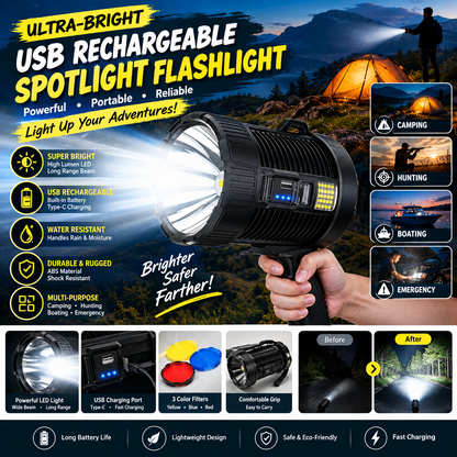 USB Rechargeable Spotlight Flashlight – Powerful LED Light for Camping, Hunting & Boating
