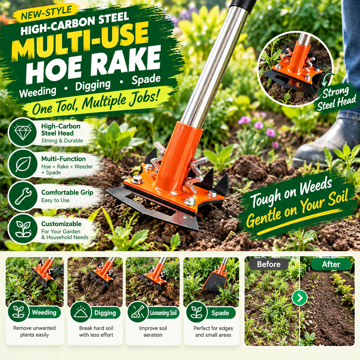High-Carbon Steel Multi-Use Garden Hoe – Rake, Weeding & Spade Hand Tool