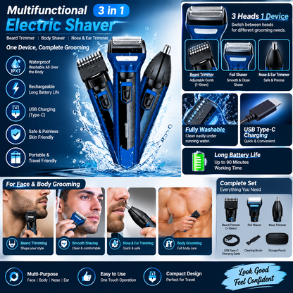 3-in-1 Rechargeable Electric Shaver – Washable Beard, Face & Body Trimmer