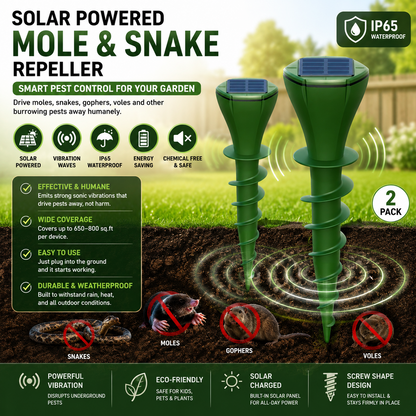 Solar Mole & Snake Repellent – IP65 Waterproof Garden Pest Control Stake