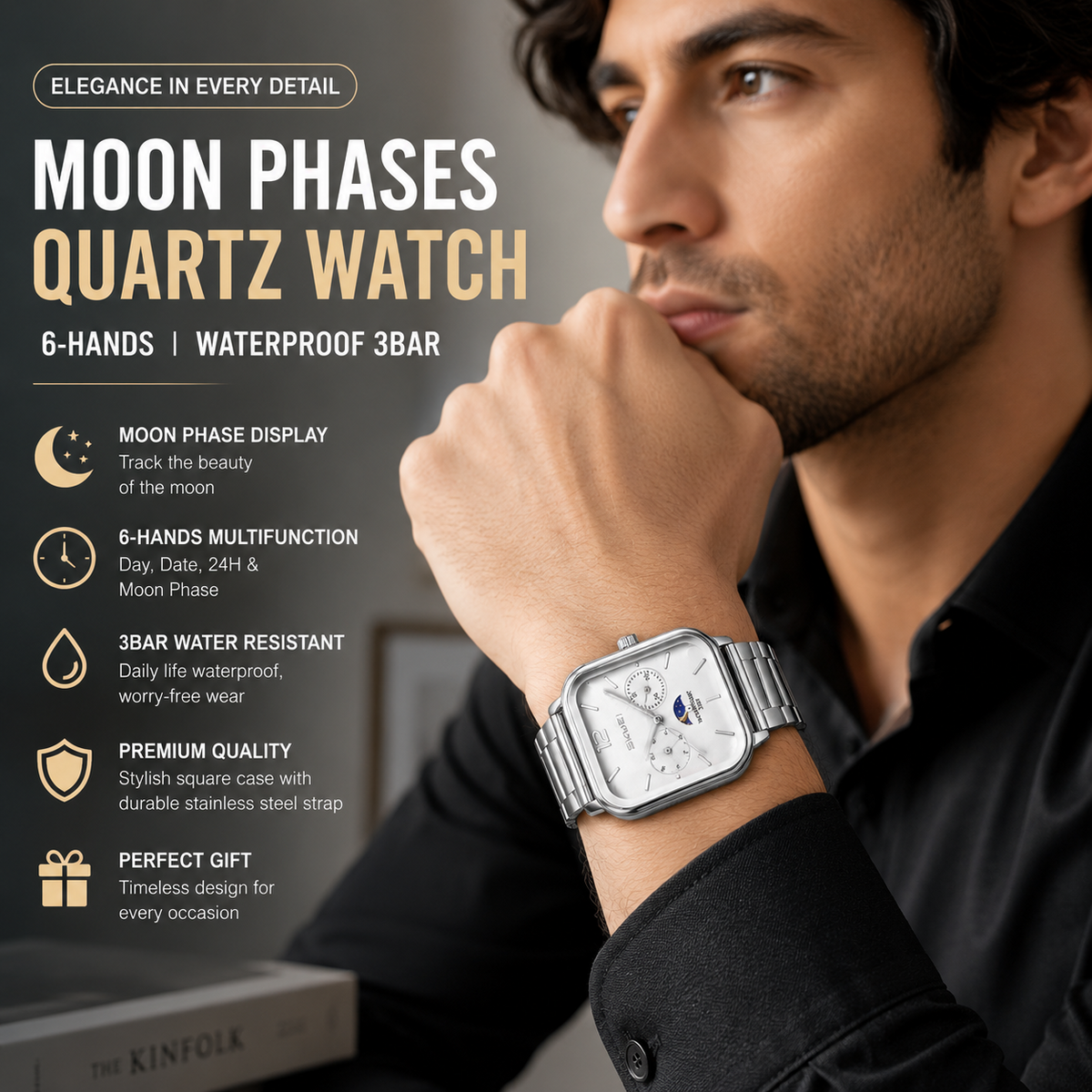 Men’s Moon Phase Quartz Watch – 6-Hand Fashion Wristwatch with 3BAR Water Resistance