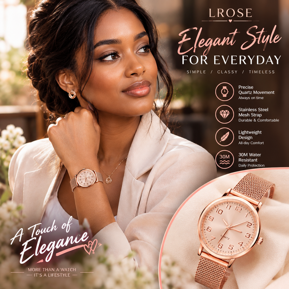 Women’s Rose Gold Minimalist Quartz Watch – Round Numeral Dial with Mesh Stainless Steel Strap