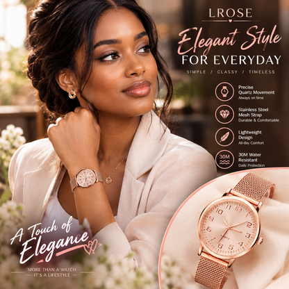 Women’s Rose Gold Minimalist Quartz Watch – Round Numeral Dial with Mesh Stainless Steel Strap