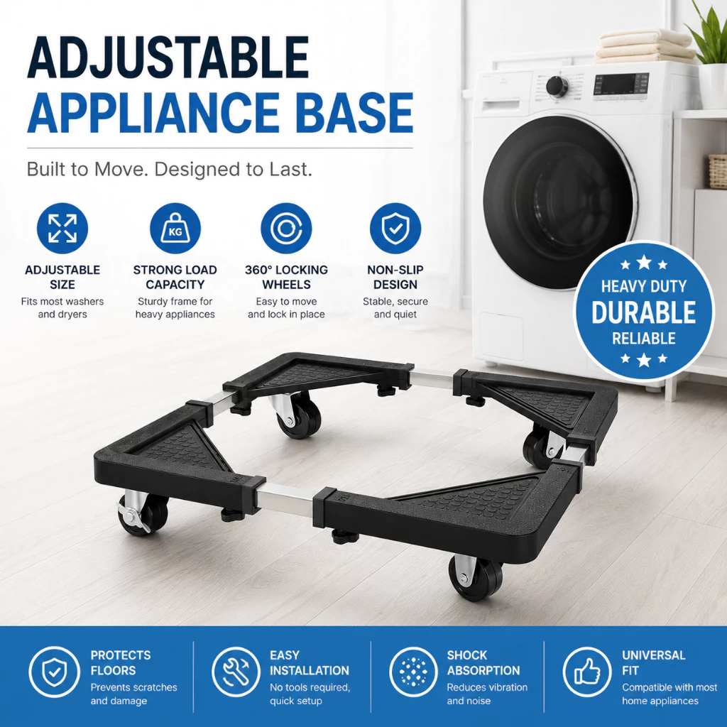 Four-Wheel Mobile Appliance Base – Removable Plastic Trolley Stand for Refrigerators &amp; Washing Machines