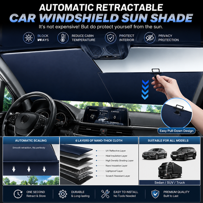 Automatic Retractable Car Windshield Sun Shade – Front Window Sun Protector Cover with Easy Pull-Down Design