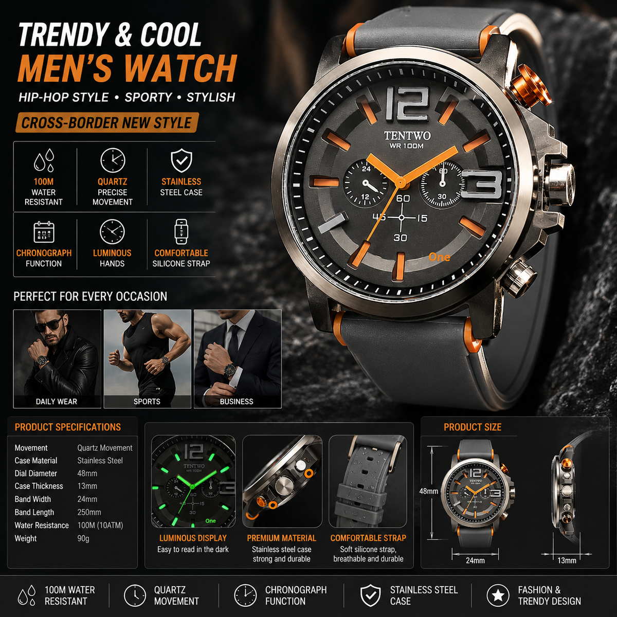 Men's Sports Quartz Watch – Stainless Steel 100M Water-Resistant Casual Wristwatch
