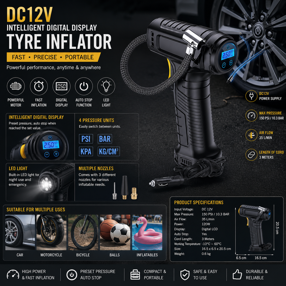 DC 12V Portable Tire Inflator – Digital Display Electric Air Pump for Cars & Home
