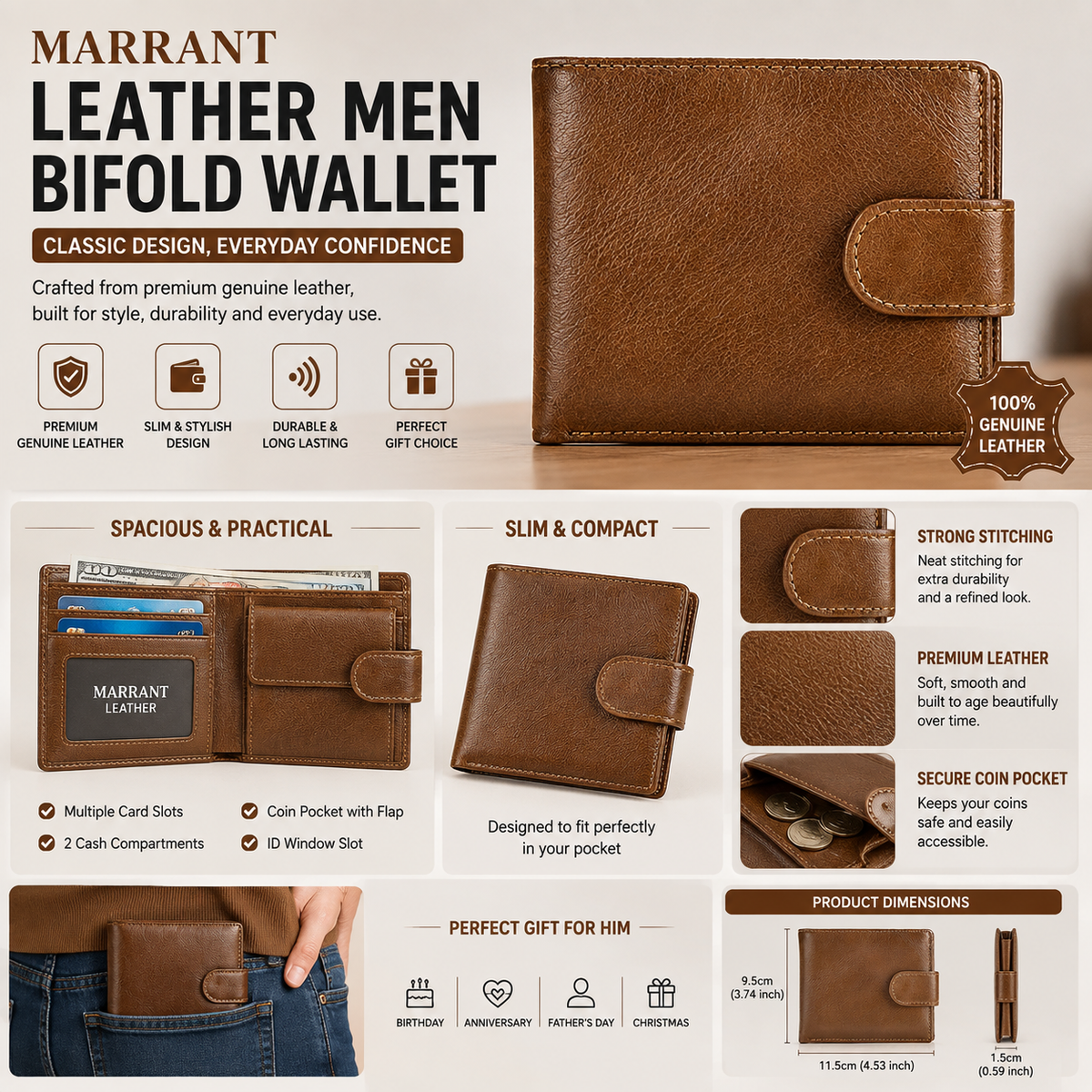Genuine Leather Men’s Bifold Wallet – Slim Short Wallet with Card Holder & Coin Pocket