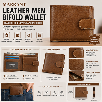 Genuine Leather Men’s Bifold Wallet – Slim Short Wallet with Card Holder & Coin Pocket