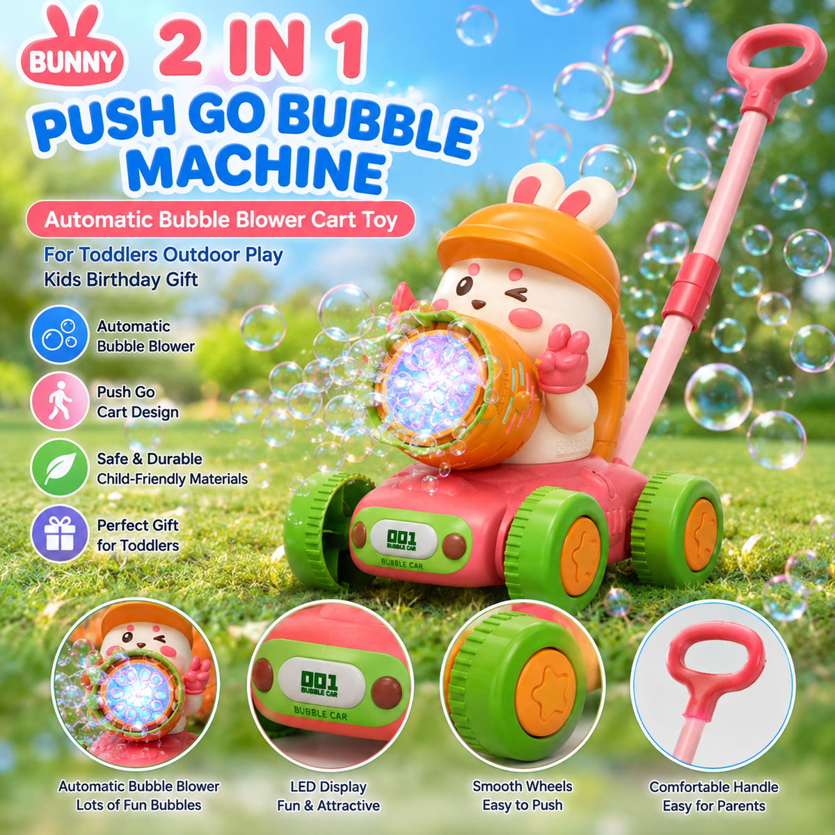 Bunny 2-in-1 Push-Go Bubble Machine – Automatic Bubble Blower Cart Toy for Toddlers