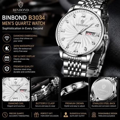 Men’s Luxury Business Watch – Automatic-Style Dial with Diamond Detail & Butterfly Clasp