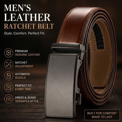 Men's Genuine Leather Ratchet Belt Automatic Buckle for Dress & Jeans